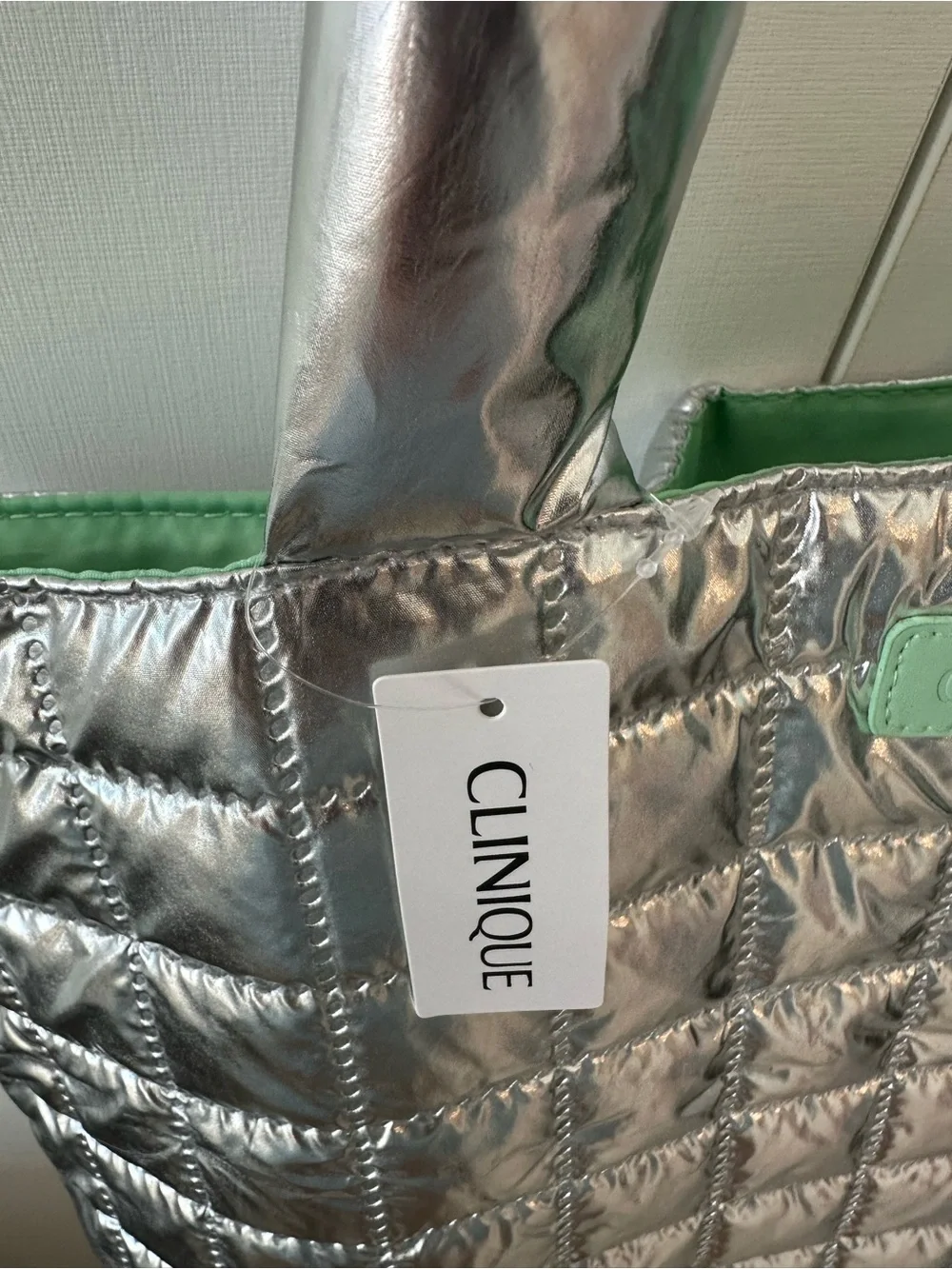 Clinique Metallic Silver Quilted Tote with Mint Accent